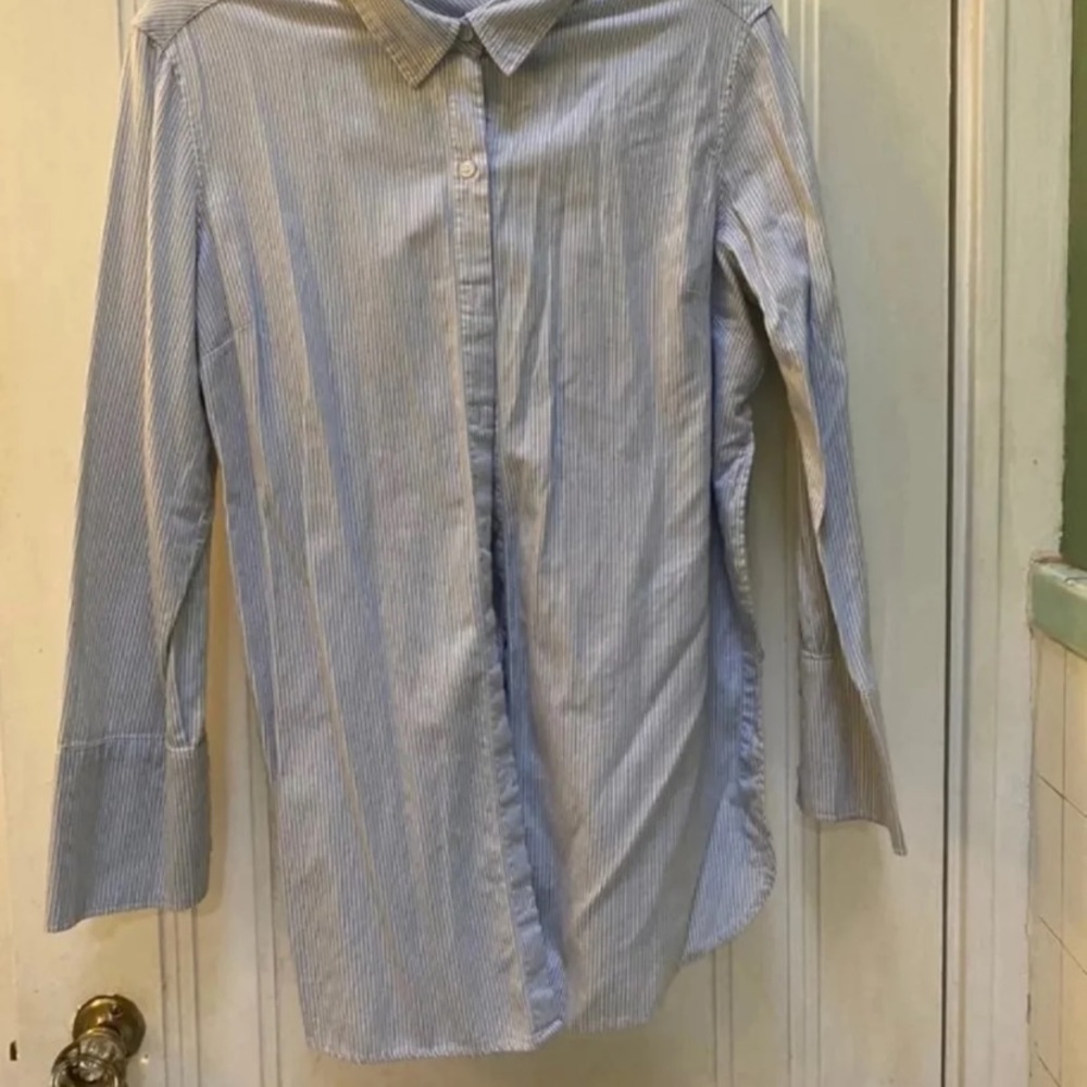 Blue and white striped button up shirt